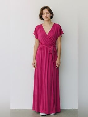 HEIMISH USA Hot Pink Wrap Maxi Dress with Tie Waist